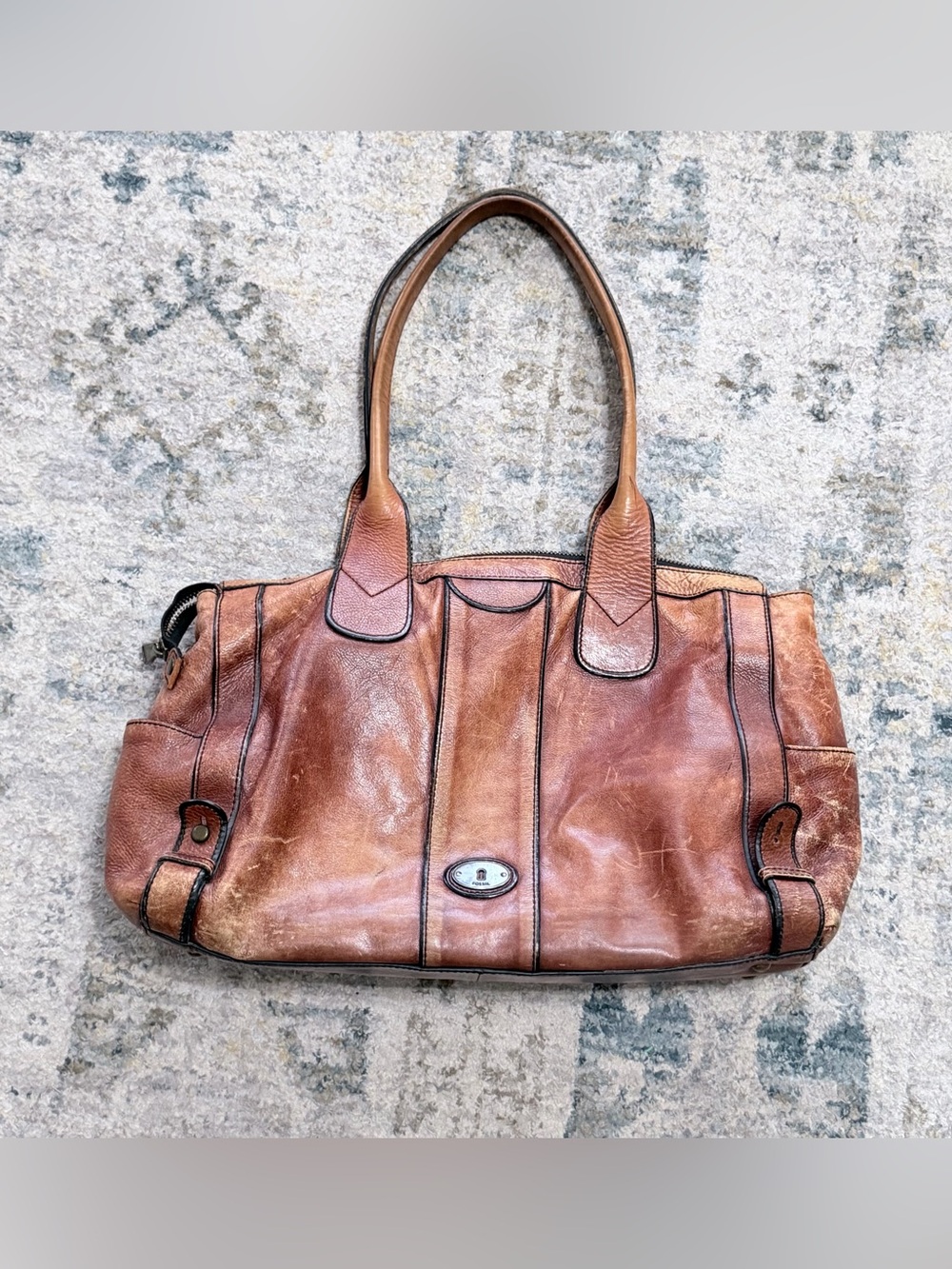 Fossil Long Live Vintage 1954 Brown Leather Satchel Handbag Distressed Patina